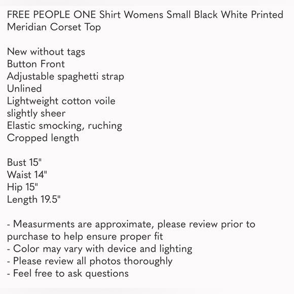 FREE PEOPLE ONE Shirt Womens Small Black White Printed Meridian Corset Top - Picture 5 of 5